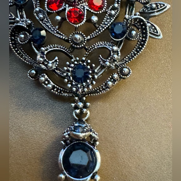 Red Flower Brooch, Lapel Pin or Pendant with Blue Rhinestones for Jacket, Blazer - Picture 7 of 8